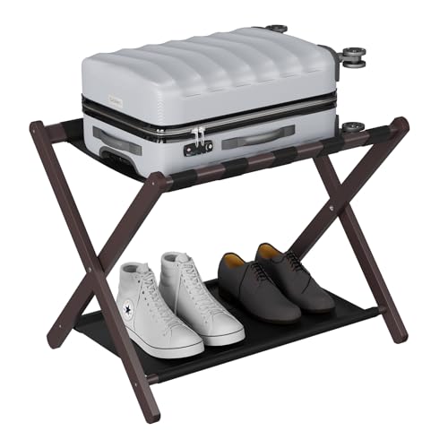 Smuxee Brown Bamboo Luggage Rack for Guest Room, Foldable Suitcase Stand with Storage Shelf, Easily Assembled Luggage Stand with 5 Nylon Straps for Guest Room Bedroom Hotel - color: Brown 1PCS