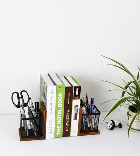 Owlgift Rustic Burnt Wood Decorative Bookends for Heavy Books with Matte Black Metal Wire Basket Pencil Holder and Office Supplies Storage Baskets Bins for Home, Office, Classroom, Dorm Room