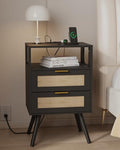 JOONEE Rattan Nightstand with Charging Station,Farmhouse Bedside Table with 2 Storage Drawer and Open Wood Shelf, for Bedroom and Small Spaces,Night Stand with Solid Wood Legs (Black-Outlet) - color: Black-outlet