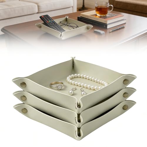 3 PACK PU Leather Jewelry Valet Tray Organizer, Foldable & Portable Catch All Bowl for Entryway Table, Nightstand, Desk & Travel | Storage Dish for Keys, Watch, Coin, Glasses (Beige Green) - color: Beige Green