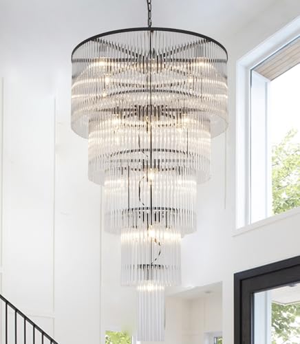 Large Black Chandeliers for High Ceilings H49 5-Tier Glass Chandelier Light Fixture for Foyer Dining Room Extra Long Modern Tiered Chandelier for Living Room Entranc Stairway Villa - size: Long Black (27.5" x 49")
