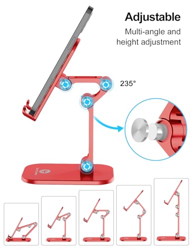 OCYCLONE Phone Stand, Adjustable Height and Angle Foldable Cell Phone Stand Holder for Desk, Taller iPhone Stand Compatible with 4.7"-13" Smartphones iPad Tablet, Red - color: Red