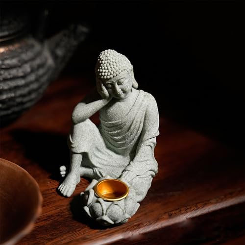Meditating Buddhas Figurine Stone Sculpture with Tealight Candle Holder Meditation Statue Garden and Indoor Decoration