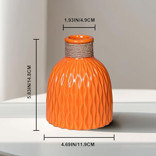 Orange Ceramic Vase 6 Inch - Small Ceramic Flower Vase for Home Decor,Round Textured Vases for Fall Decorative, Shelf, Bookshel, Office, Fireplace Mantle - color: Orange