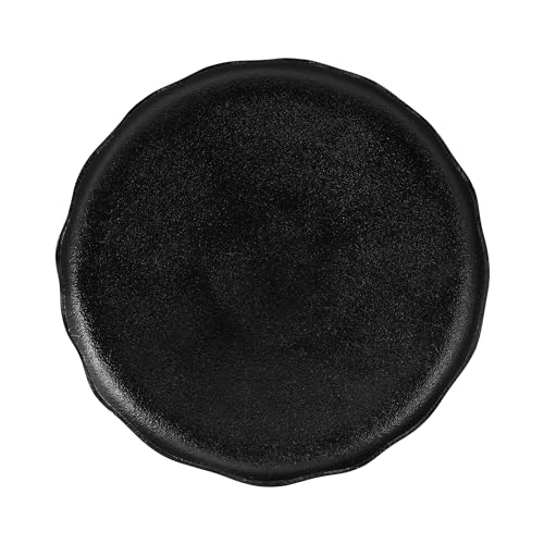 Kate and Laurel Alessia Modern Decorative Scalloped Round Footed Metal Tray; 16 Inch Diameter; Black; Transitional Food-Safe Cast Aluminum Pedestal Tray with Rough Texture and Deckled Edge - color: Black