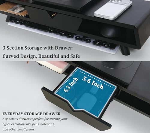 Homerays Monitor Stand with Drawer, Exquisite Computer Monitor Stand for Desk, Ergonomic Wood Monitor Stand Riser for Computer,Laptop,Printer,TV,Bamboo,Black - color: Black
