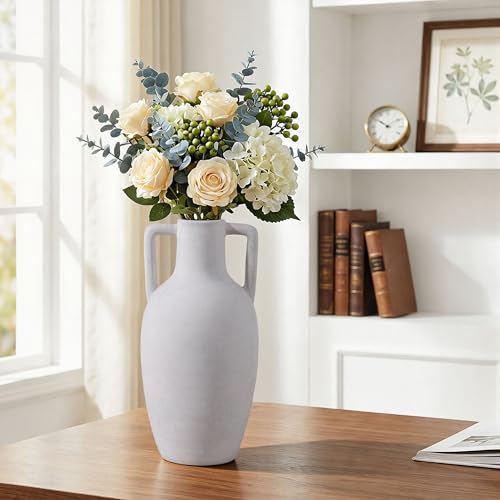Flower Vase with Handles, 12.8 inch Tall Ceramic Vase Farmhouse Rustic Vases Decorative Pottery Vases for Home Decor Living Room Table Bookshelf Centerpiece Bouquet Wedding Fireplace (White) - color: C-12.8"h-white