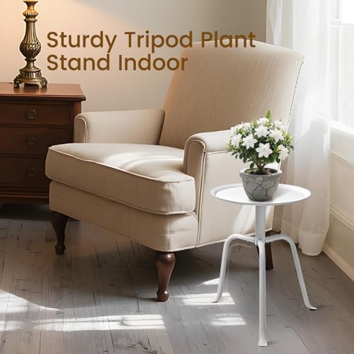 Plant Stand Indoor Outdoor, 11'' Round Black Mid Century Single Plant Table, 3-Leg Small Metal Plant Holders Flower Pot Stand, Modern Round Small Side End Table with Raised Design (White) - color: White