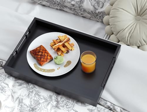 Fibogollo Bamboo Set of 2 Serving Tray with Metal Handles,Ottoman Decorative Trays Platter for Coffee Table,Living Room,Bar,Party(Black) - style: Black-Medium and Large Set