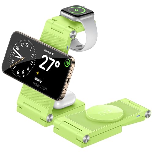 Magnetic Wireless Charger Stand, 3 in 1 Foldable Wireless Charging Station, Travel Charger for Multiple Devices for iPhone 15 14 13 12 Series, Apple Watch Ultra/SE/9/8/7/6/5/4/3/2, AirPods - color: Light Green