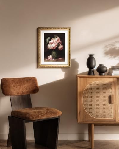HUARCEY Vintage Rose Flower Gold Framed Canvas Wall Art 13x16 Inch, Classic Floral Vase Still Life Dark Oil Painting Print, Traditional Elegant Living Room Bedroom Kitchen Home Decor - color: Eight Pink Roses, size: 16"L x 13"W