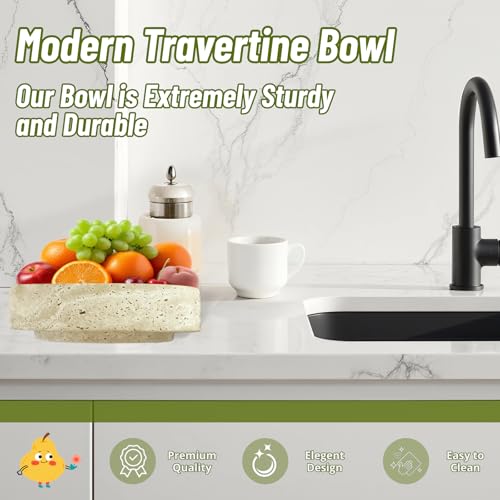 Natural Travertine Decorative Bowl, 7.87" x 2.16" Round Stone Fruit Bowl for Kitchen Counter, Modern Marble Key Bowl for Entryway Table, Stone Catchall Tray for Jewelry, Candy, Home Decor Centerpiece