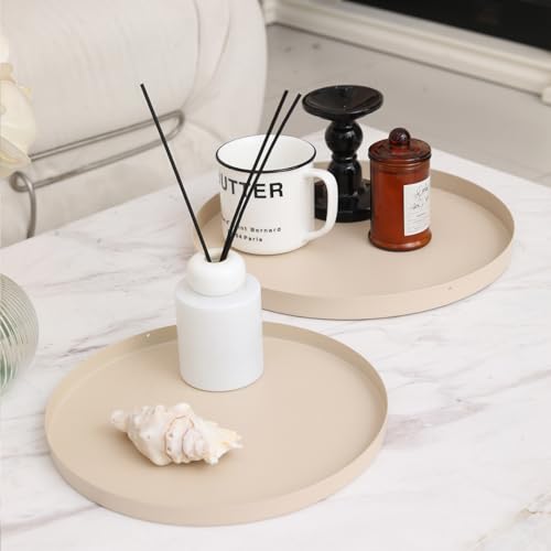2 Pcs 11.8" and 9.8" Round Beige Metal Tray, Coffee Table Candle Holder & Decorative Serving Tray, Kitchen Counter Organizer for Modern Farmhouse Home Decor (Beige,11.8"+9.8”)