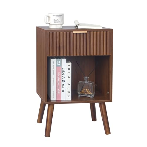 Fultyle Walnut Nightstand, Modern Night Stand with Fluted Drawer and Opening Storage, Wooden Bedside Table with Solid Wood Legs for Bedroom, Living Room, Office (Walnut Brown) - color: Walnut Brown