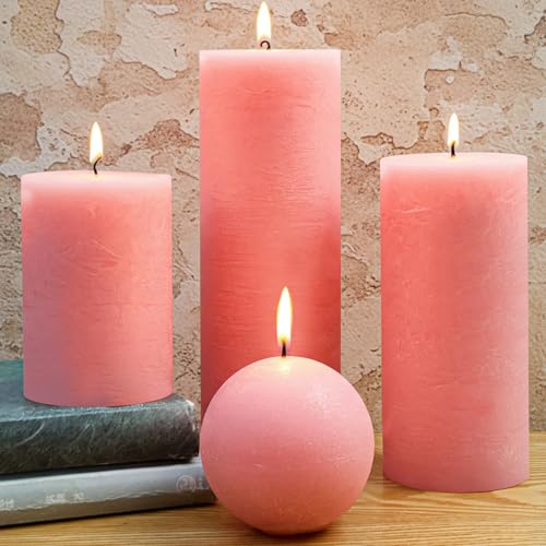 Pink Rustic Textured Pillar Candles Set - 4 Pcs Assorted Sizes Unscented Pillar Candle, Decorative Farmhouse Candles for Home Centerpiece Decor, Holiday Dinner Table, Dripless & Smokeless - color: Muted Pink