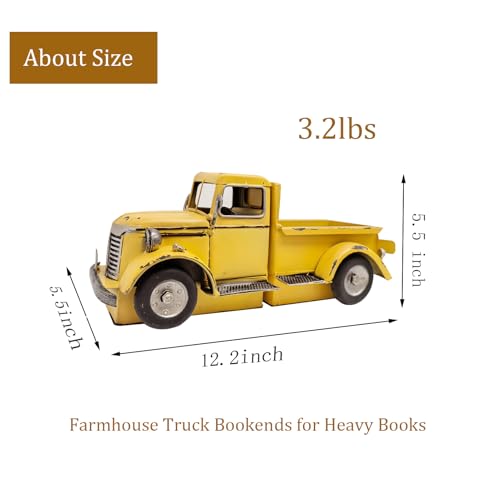 Decorative Book Ends Vintage Bookends: Metal Truck Book Stopper for Kid Books for Grandson Men Teen - Farmhouse Decor for Bookcase Shelf Table Coffee Bar Office Home Yellow - color: Vintage Yellow
