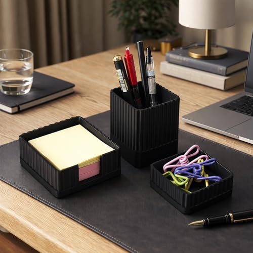 Desk Organizer Set of 3 for Office Accessories - Includes Pen Holder, Paperclip Storage, and Sticky Note Holder - Aesthetic Concrete Desktop Accessories for Women or Men, Office Decor (Black) - color: Black