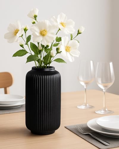 Black Ceramic Vase, 8 Inch Modern Flower Vase for Bouquet and Pampas Grass, Matte Frosted Large Opening Decorative Vase for Farmhouse Table, Shelf Decor - color: Matte Black02