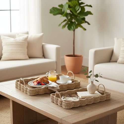 Household Essentials Woven Seagrass Scalloped Rectangular Trays, Set of 2, Natural - color: Natural Seagrass, size: 16" x 11.5" x 4.8"