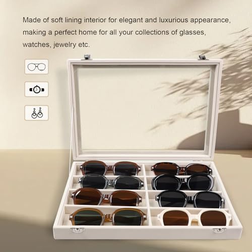 Stratalife Sunglasses Organizer Sunglass Display Tray Jewelry Tray with Lid Sunglasses Storage Case Drawer Watch Box for Men and Women Beige (8 Grids) - color: Beige, size: 8 Grid