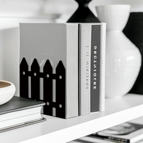 Peacoblue Metal Bookends for Shelves, Modern Decorative Heavy Duty Study Book Support Stoppers for Office, Desk, Shelf, Room 5.3"x4.3"x4.9" Cast Iron Simple Tall Bookends, 1 Pair (Farmhouse Fence) - style: Farmhouse and Fence