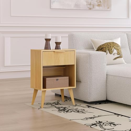 YAUKOMEL Fluted Night Stand with Opening Storage,Mid Century Bedside Table with Drawer,Wood Nightstand with Solid Wood Legs,End Table Side Table for Living Room,Bedroom,Natural CTG56Y - color: Natural