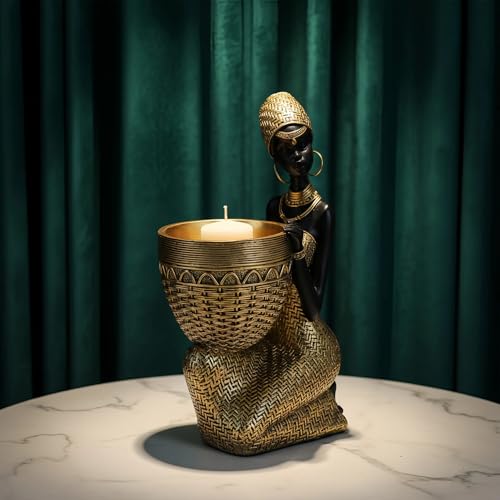 Lescafita Handmade African Tribal Woman Sculpture - Gold Adorned Seated Figure with Basket, Vintage Resin Statue for Home Decor, Unique Housewarming Gift for Shelf/Table (9.65" H) - color: 305-gold