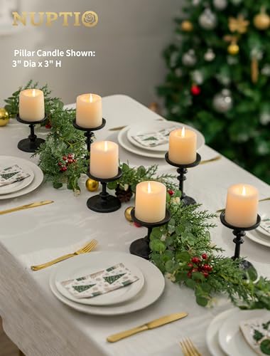 NUPTIO Pillar Candle Holder Black: Solid Cast Iron Candle Stand for 3 Inch Pillars - Handcrafted Hammered Candleholder for Thanksgiving Christmas Fireplace Mantle Decor - color: Black