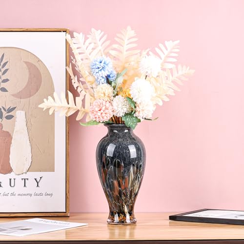 Hand Blown Glass Vase 11.8" Tall Beautiful Amber Blue Sea Wide Mouth Bud Vase for Table Centerpiece, Painted Colorful Murano Glass Flower Vases for - Home Entrance Wedding Center - color: Smoke