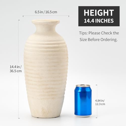 Vaseking Ceramic Natural Rustic Vase, 14.4 Inch Large Vintage Flower Threaded Decorative Farmhouse Tall Vase for Home Decor, Living Room, Shelf Decor, Wedding, Housewarming Gift, Off-White - color: Off-white, size: 14.4"