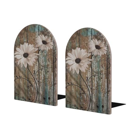 Rustic s Wooden Bookends Decorative Shabby Sunflower Book Ends for Shelves Heavy Books Holder Organizer Non-Slip Desk Book End for Kids Room Office School Kitchen Home Desktop Decor 1 Pairs - color: Shabby Daisy