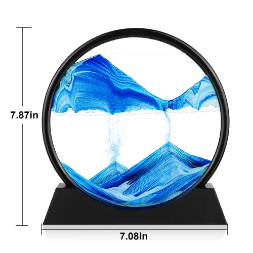 Moving Sand Art Picture - 3D Quicksand Painting Decor - Round Glass 3D Deep Sea Sandscape - Relaxing Decoration for Home,Office,Desk,Mantle,Bookshelf,Room- (Blue, 7 in) - color: Blue, size: 7"