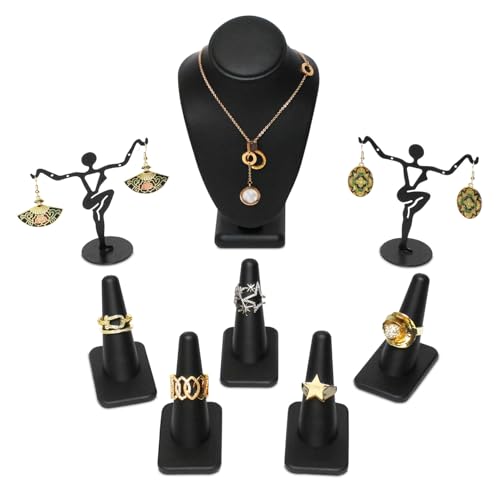 MOOCA Jewelry Display Set, Necklace Display Bust, Earring Organizer, Ring Holder Stand for Showcase and Store, Premium Fabric - color: 1) 8 piece. Black Faux Leather