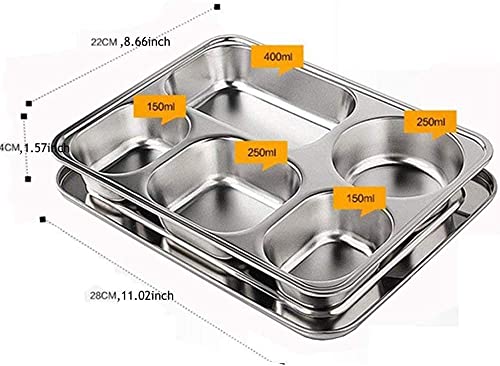 Set of 2 Stainless Steel Rectangular Divided Plates Tray 5 Sections Dinner Plates for Adults - Unbreakable Metal Plate for Campers, and Portion Control Reusable Plate - size: 5C (5 Sections)