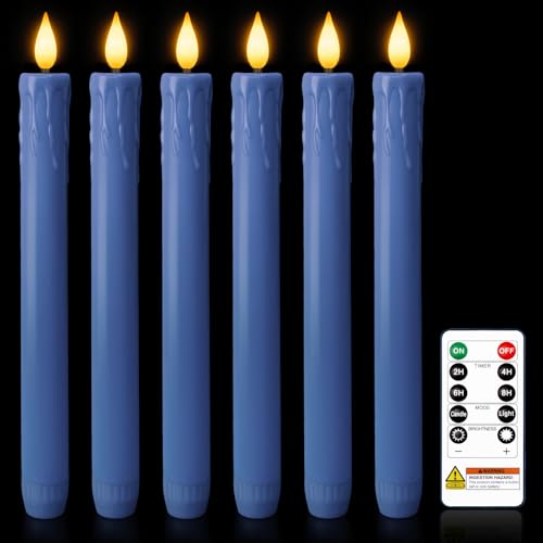 Homemory 6 Pcs Real Wax Blue Flameless Taper Candles with Remote Timer, 9.6 Inches LED Fake Candlesticks, LED Candle with 3D Flickering Flame for Romantic Wedding, Dinner, Xmas Anniversary Decor - style: Coastal - Blue 9.6"