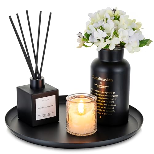 Romadedi Black Decorative Candle Tray - Round Trays Decor for Coffee Table Centerpiece Metal Serving Tray for Kitchen Counter Organizer Modern Farmhouse Home Decorations, 11 Inch