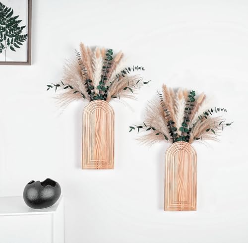 Set of 2 Wooden Vases with Pampas Grass and Eucalyptus – Boho Decor for Living Room, Modern Farmhouse Entryway or Bathroom, Rustic Art for Home Decoration - style: A