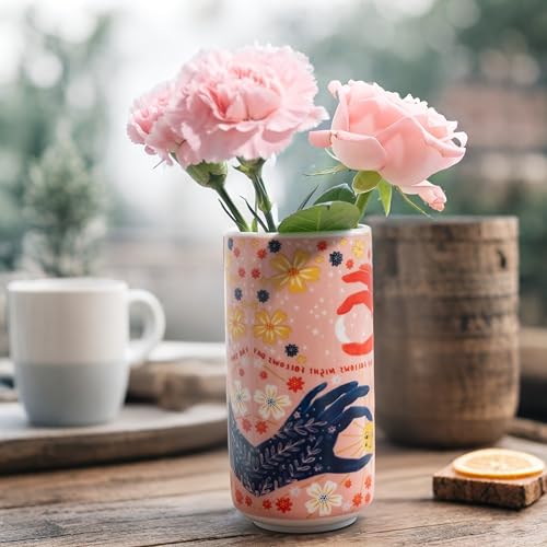 Cute Ceramic Flower Vase - Unique Abstract Art Deco Aesthetic Vase - Medium Colorful Design Features Hands Holding Sun and Moon, Ideal for Living Room and Dining Table - Thoughtful Housewarming Gift - color: "Night Asks Day" Vase