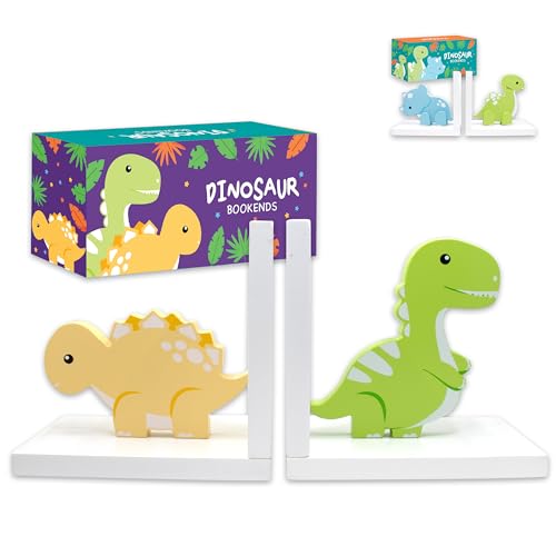 Decorably Stego and Trex Dinosaur Book Ends for Kids Books - 1 Set Non-Skid Wooden Decorative for Boys Room, Baby's Nursery, Classroom Decor - style: Stego & Trex