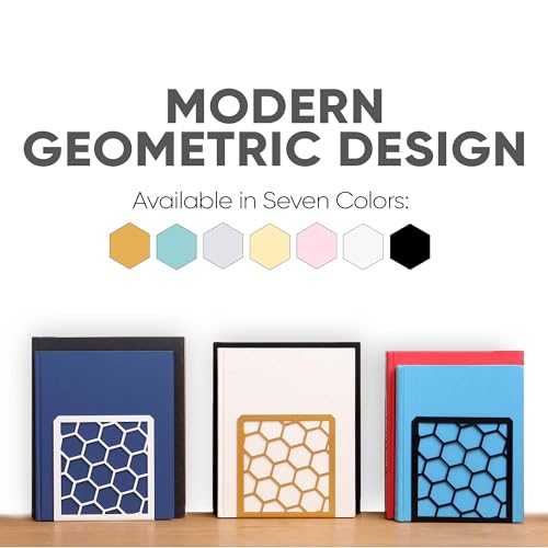 GEOMOD Geometric Honeycomb White Metal Bookends Decorative - Tall Sturdy Book Ends for Shelves - Modern Heavy Duty Bookend Stopper - Office or Home Book Shelf Book Holder - 6x3.25x6.25 Inches - 1 Pair - color: White, size: 1 Pair, style: Honeycomb