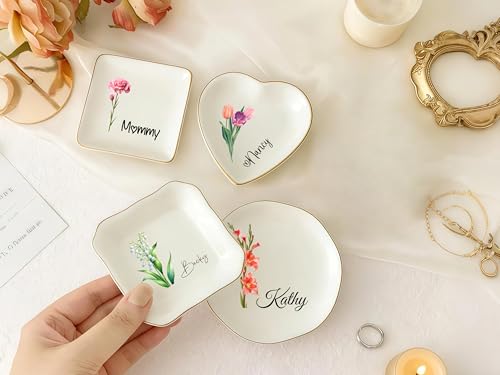 Ship Next Day, Personalized Ceramic Jewelry Dish, Custom Birth Flower & Name Trinket Tray for Mother's Day, Bridesmaid, Birthday Gift - Square - color: Birth Flower Jewelry Tray-square