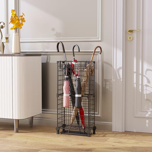 AWTATOS Umbrella Holder Entryway, Umbrella Stand Freestanding, Metal Square Umbrella Rack Organizer with a Removable Drip Tray, Hooks, Black - color: Black