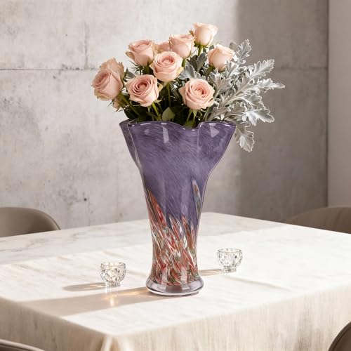 9.1H Murano Hand Blown Glass Vase, Ruffled Scalloped Rim Trumpet Shape, Wide Mouth Colorful Decorative Glass Vase, Sculptural Art Centerpiece for Living Room Table, Bathroom, Office Shelf (Red-Purple) - color: Red-purple