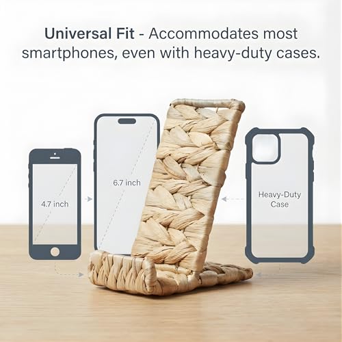 Hylara Handwoven Wicker Phone Stand for Desk - Natural Water Hyacinth Cell Phone Holder, Boho Desk Decor & Accessories, Universal Woven Stand for Home Office, Kitchen, and Nightstand