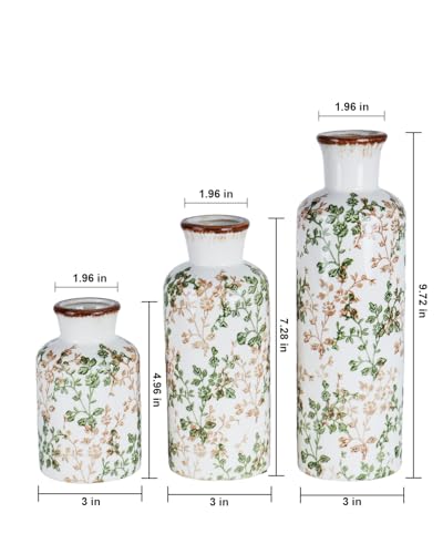 Ceramic Vase Set of 3, Vintage Ceramic Flower Vases, Crackle-Glaze & Distressed Rim, Brown & Green Botanical Pattern, for Home Decor, Living Room Mantel & Dining Table Centerpiece - color: Green & Brown01