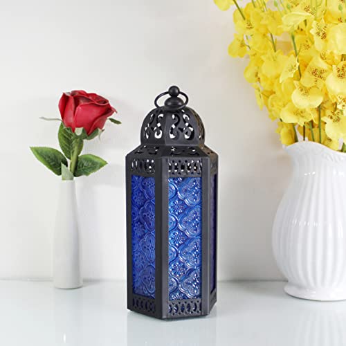 CVHOMEDECO. Decorative Candle Lantern Moroccan Lanterns Vintage Black Metal Lantern Holder for Home Patio Outdoor Decor. Cobalt Glass, Medium - color: Cobalt