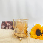 Hurricane Candle Holder, Gold Pillar Candle Holder with Geometric Decorative Accents & Windproof Glass Lid, Perfect for Weddings, Dinners, Parties & Special Events - size: 13cm