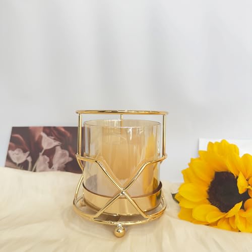 Hurricane Candle Holder, Gold Pillar Candle Holder with Geometric Decorative Accents & Windproof Glass Lid, Perfect for Weddings, Dinners, Parties & Special Events - size: 13cm