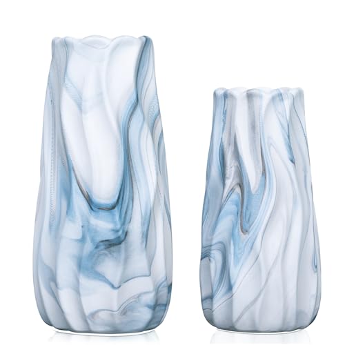 Blue Vases for Home Decor, Decorative Striped Flower Vase, White vases for Table Centerpieces, Light Blue Coastal Vase Set of 2, Ceramic Decoration for Living Room - color: Blue Marble