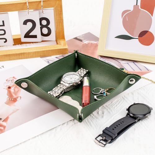 SANQIANWAN PU Leather Arc Edge Jewelry Valet Tray for Man and Women, Portable Mini Entryway Table Tray Bedside Nightstand Desk Tray Small Travel Dish Plate for Key,Wallet,Watch,Coin (DarkGreen) - color: Darkgreen